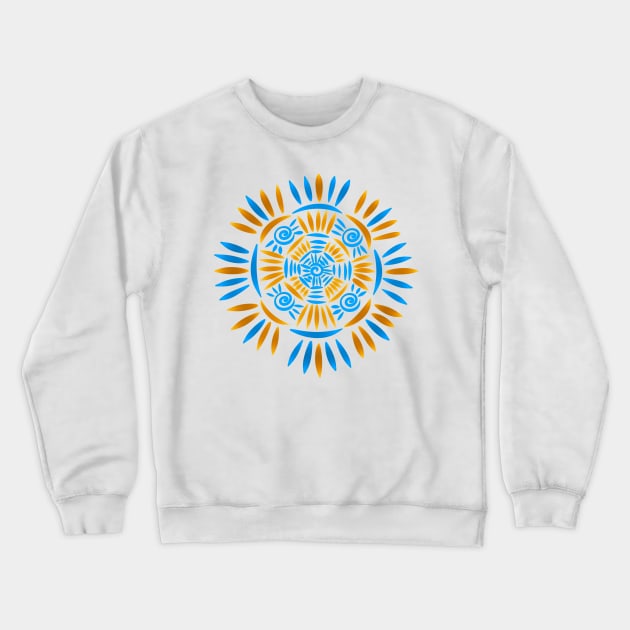 Bohemian Mandala Crochet Pattern - Boho Medallion - Ancient Ethnic Ornament Obereg - Folk Magic Shamanic Tribal Mood - Deep Cyan Blue Dark Sea Shade - Medium Ochre Orange Brown 2 Crewneck Sweatshirt by GrandTartaria